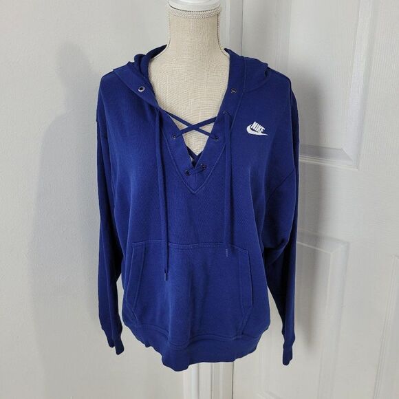 Nike Tops - Nike Hoodie Womens Small Blue Lace Up V Neck Void Terry Pocket Pullover